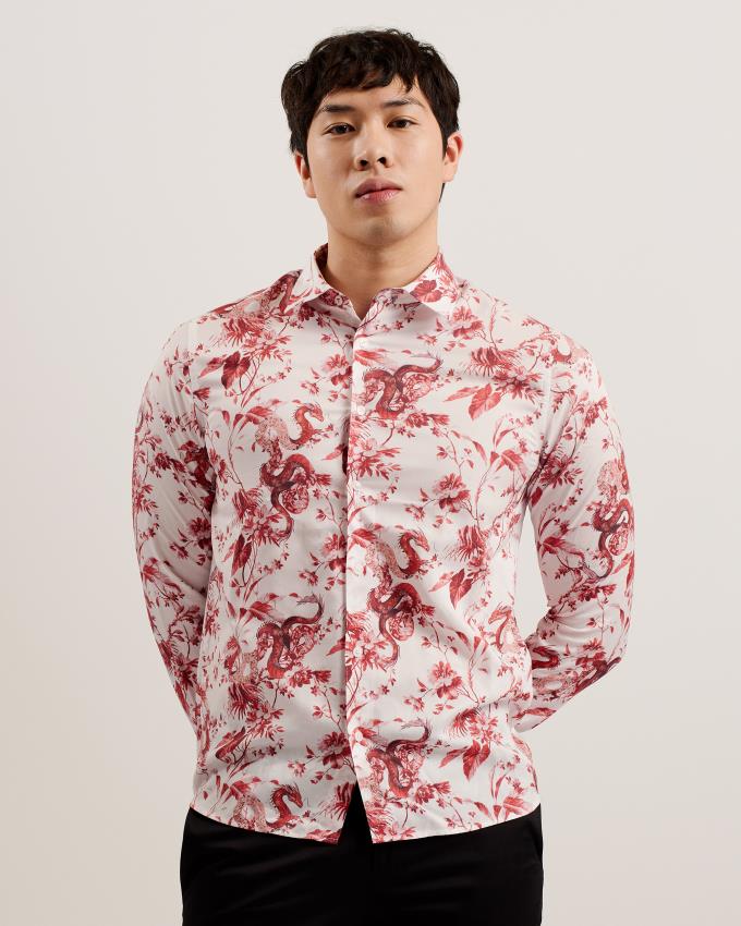 Chemises Ted Baker Long Sleeve Dragon Print Rouge Homme | DST-62217528